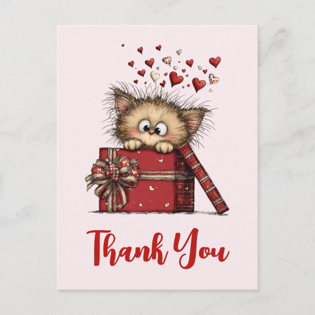 Cute Cartoon Kitten in a Box with Hearts Thank You Postcard (Front)