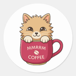 Cute Cartoon Kitten in Coffee Mug Custom Text Classic Round Sticker
