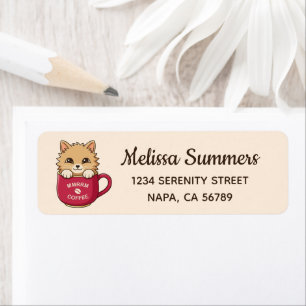 Cute Cartoon Kitten in Coffee Mug on Beige Return Address Label