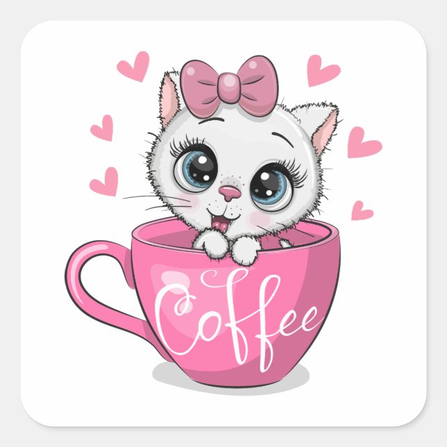 Cute cartoon kitten is sitting in a cup of coffee square sticker (Front)