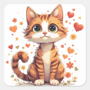 Cute Cartoon Kitten With Floral Hearts Fun 🌷 Square Sticker