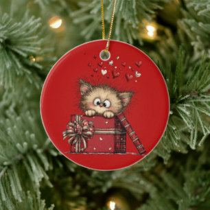 Cute Cartoon Kitten with Hearts Ceramic Ornament