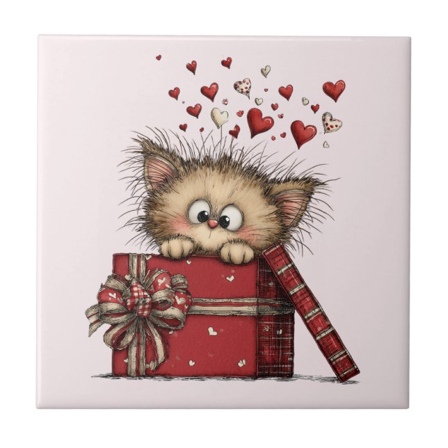 Cute Cartoon Kitten with Hearts Ceramic Tile (Front)