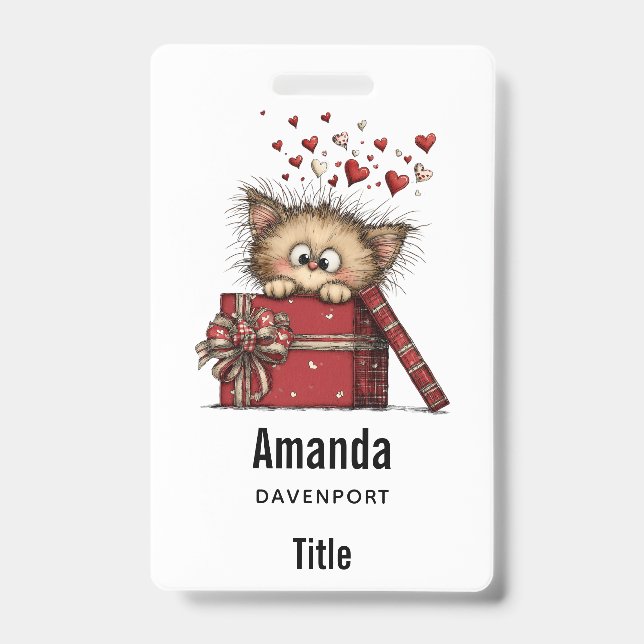 Cute Cartoon Kitten with Hearts ID Badge (Front)