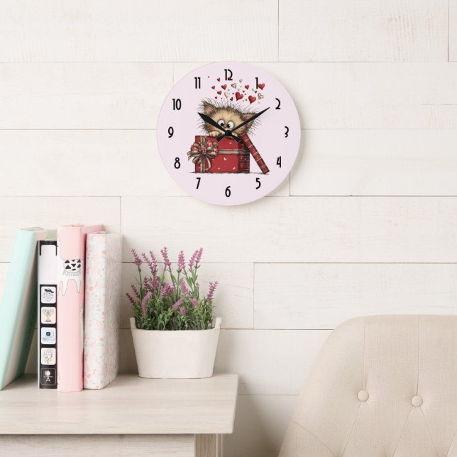 Cute Cartoon Kitten with Hearts Large Clock (Reading Room)