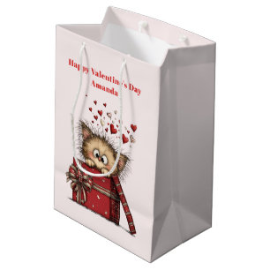 Cute Cartoon Kitten with Hearts Valentine's Day Medium Gift Bag