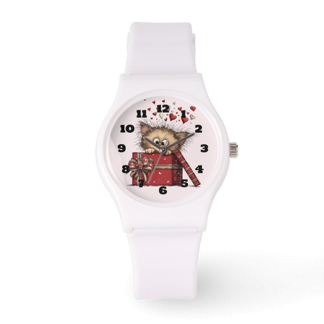Cute Cartoon Kitten with Hearts Watch (Front)