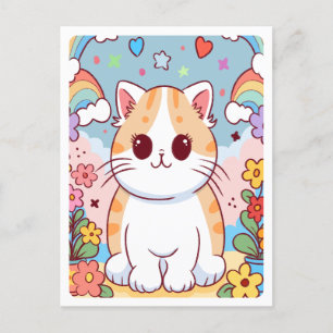 Cute Cartoon Kitty Cat, Flowers, Rainbows Postcard