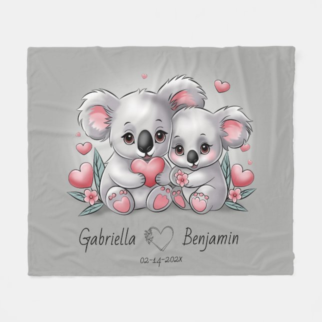 Cute Cartoon Koala Lovers Heart Valentine’s Day  Fleece Blanket (Front (Horizontal))