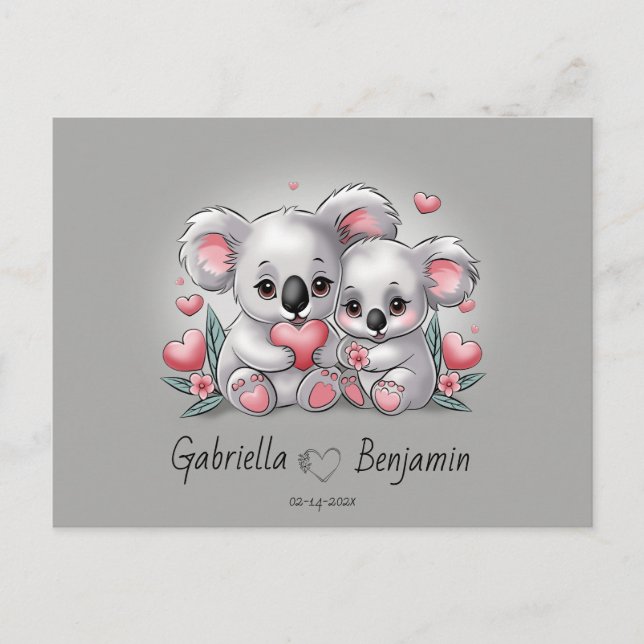 Cute Cartoon Koala Lovers Heart Valentine’s Day Postcard (Front)