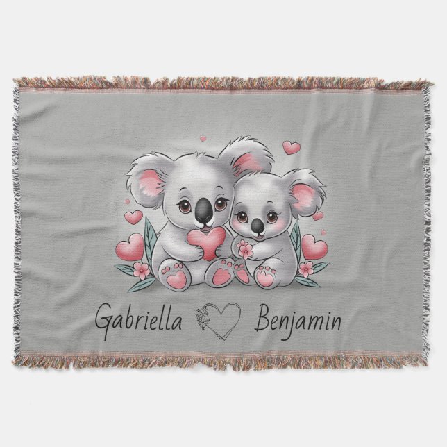 Cute Cartoon Koala Lovers Heart Valentine’s Day  Throw Blanket (Front)