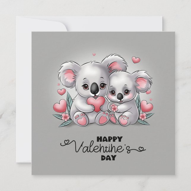 Cute Cartoon Koala Lovers Hearts Valentine’s Day Holiday Card (Front)