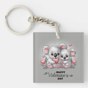 Cute Cartoon Koala Lovers Hearts Valentine’s Day Key Ring