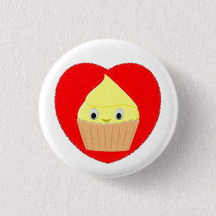 Cute Cartoon Lemon Cupcake In Red Heart Button