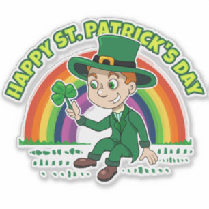 Cute cartoon leprechaun with shamrock and rainbow