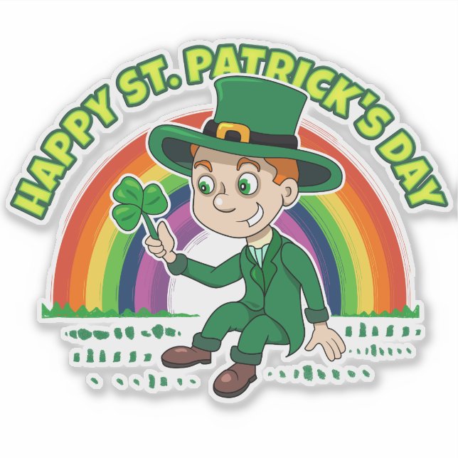 Cute cartoon leprechaun with shamrock and rainbow (Front)