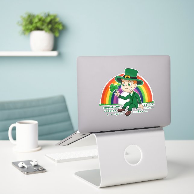 Cute cartoon leprechaun with shamrock and rainbow (Laptop On Desk)