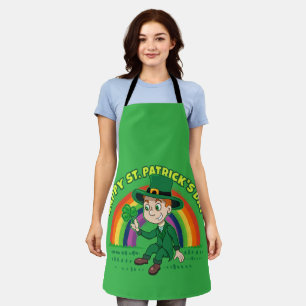 Cute cartoon leprechaun with shamrock and rainbow apron