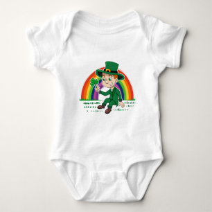 Cute cartoon leprechaun with shamrock and rainbow baby bodysuit