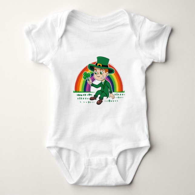Cute cartoon leprechaun with shamrock and rainbow baby bodysuit (Front)