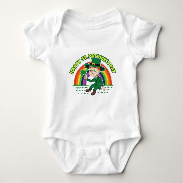 Cute cartoon leprechaun with shamrock and rainbow baby bodysuit (Front)