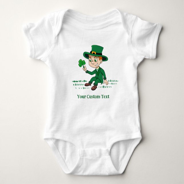 Cute cartoon leprechaun with shamrock and rainbow baby bodysuit (Front)