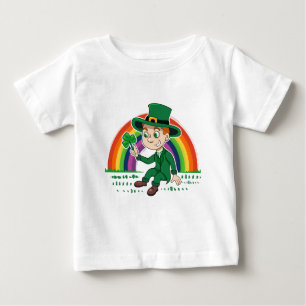 Cute cartoon leprechaun with shamrock and rainbow baby T-Shirt