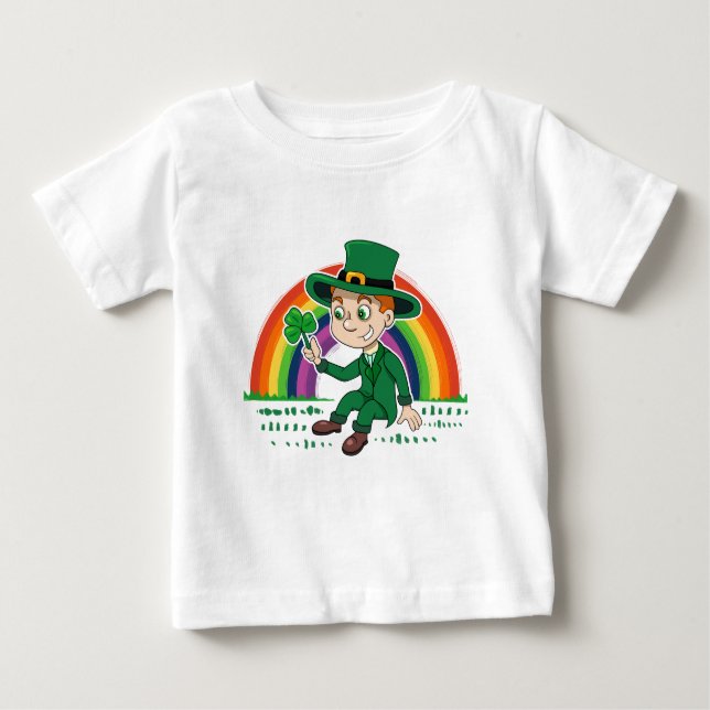 Cute cartoon leprechaun with shamrock and rainbow baby T-Shirt (Front)