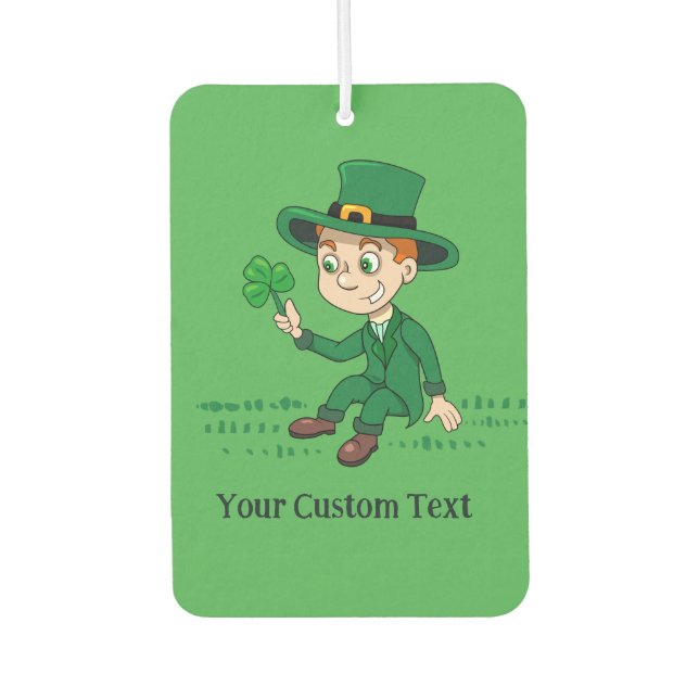 Cute cartoon leprechaun with shamrock and rainbow car air freshener (Front)