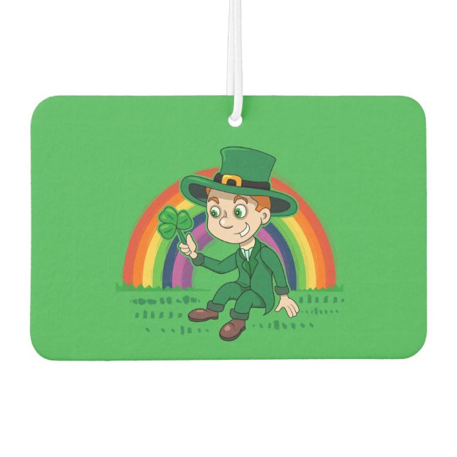 Cute cartoon leprechaun with shamrock and rainbow car air freshener (Front)