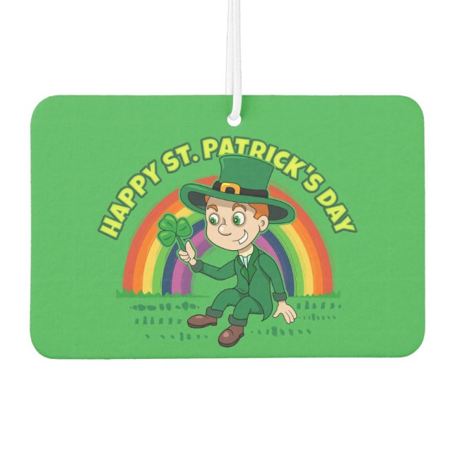 Cute cartoon leprechaun with shamrock and rainbow car air freshener (Front)