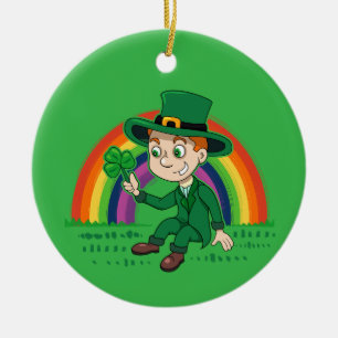 Cute cartoon leprechaun with shamrock and rainbow ceramic ornament