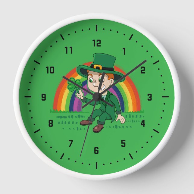 Cute cartoon leprechaun with shamrock and rainbow clock (Front)