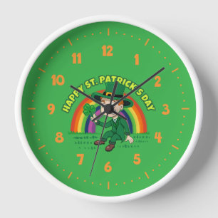 Cute cartoon leprechaun with shamrock and rainbow clock