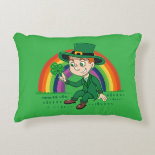 Cute cartoon leprechaun with shamrock and rainbow decorative cushion