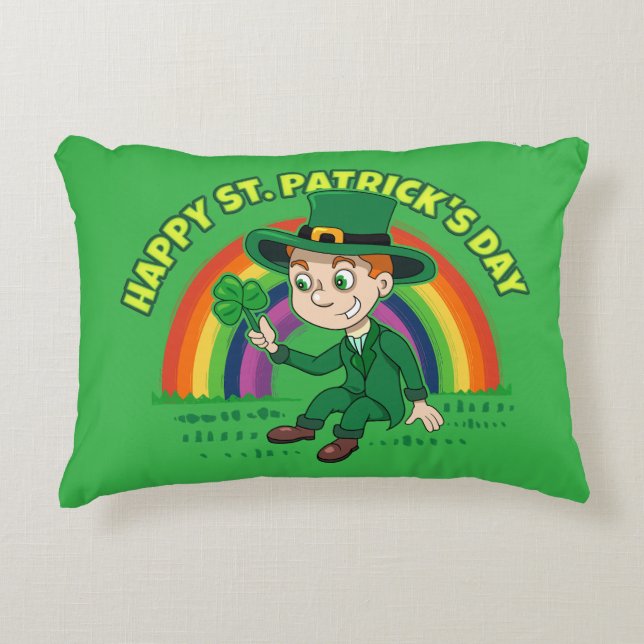 Cute cartoon leprechaun with shamrock and rainbow decorative cushion (Front)