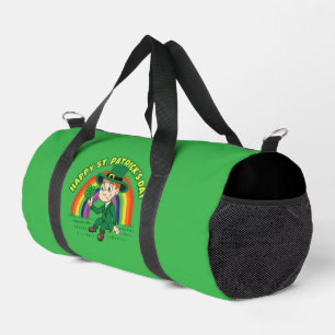 Cute cartoon leprechaun with shamrock and rainbow duffle bag
