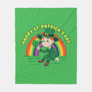 Cute cartoon leprechaun with shamrock and rainbow fleece blanket