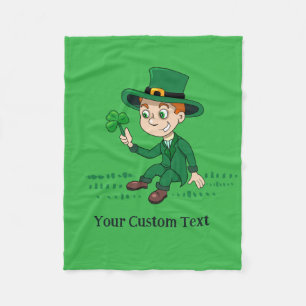Cute cartoon leprechaun with shamrock and rainbow fleece blanket