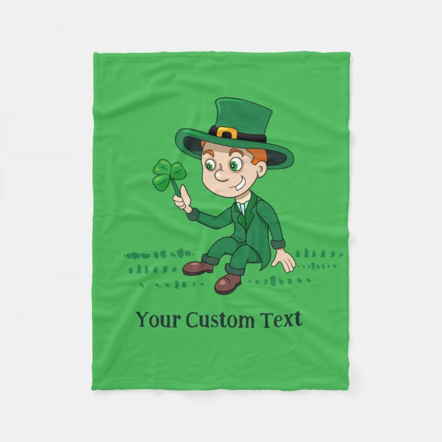 Cute cartoon leprechaun with shamrock and rainbow fleece blanket (Front)