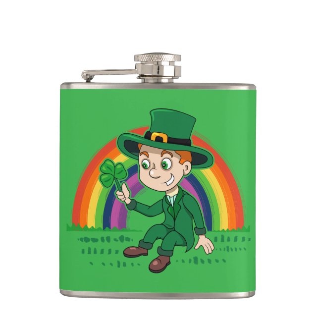 Cute cartoon leprechaun with shamrock and rainbow hip flask (Front)