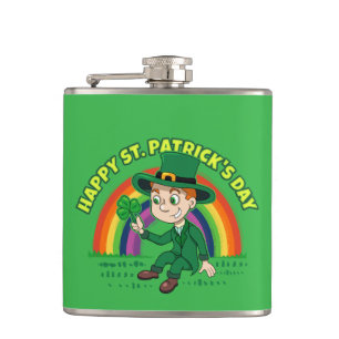 Cute cartoon leprechaun with shamrock and rainbow hip flask