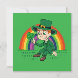 Cute cartoon leprechaun with shamrock and rainbow invitation