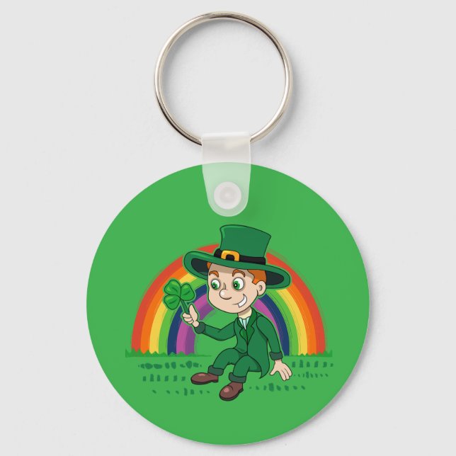 Cute cartoon leprechaun with shamrock and rainbow key ring (Front)