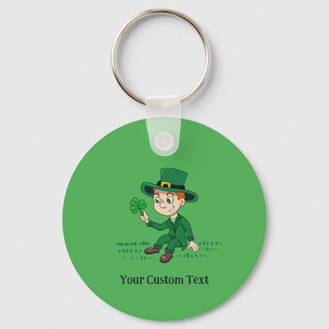 Cute cartoon leprechaun with shamrock and rainbow key ring (Front)