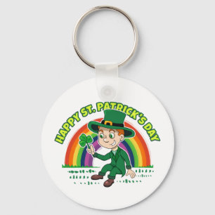 Cute cartoon leprechaun with shamrock and rainbow key ring