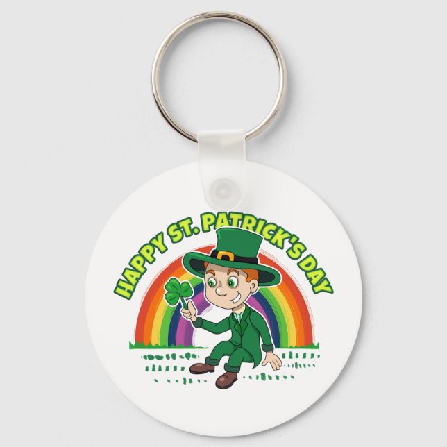 Cute cartoon leprechaun with shamrock and rainbow key ring (Front)