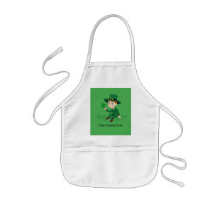 Cute cartoon leprechaun with shamrock and rainbow kids apron