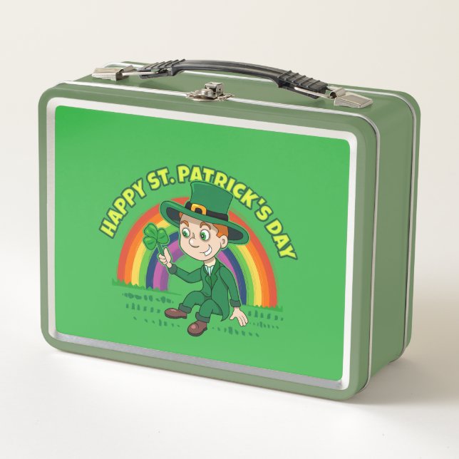 Cute cartoon leprechaun with shamrock and rainbow metal lunch box (Front)