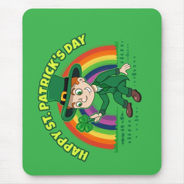 Cute cartoon leprechaun with shamrock and rainbow mouse pad (Front)